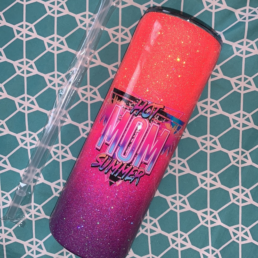 NIB Hot Mom Summer Custom 20oz Skinny Tumbler W/Straw 💗✨ Neon Glitter Ombré